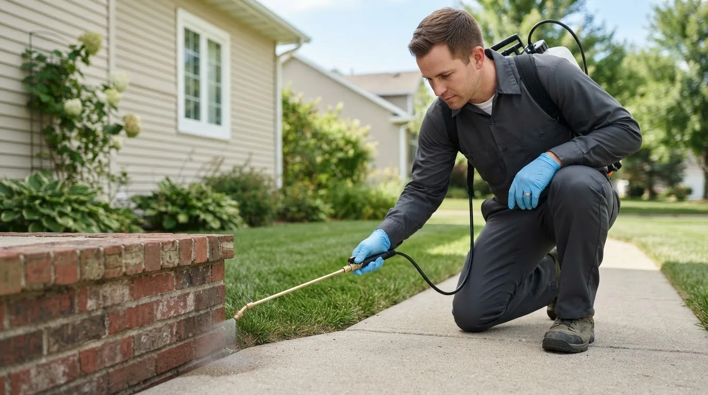 Pest control technician treating a home near Sarcoxie, MO